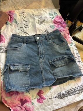 refuge Denim Mini Skirt in Blue with Cargo Pockets